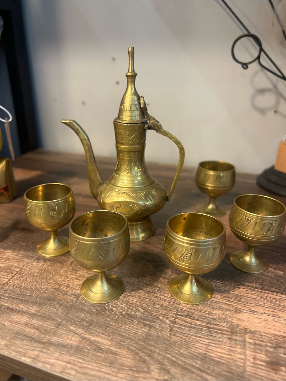 Ewer Aftaba Etched Brass Indian Tea Set Solid Brass Pitcher 7" & 5 Cups 2”